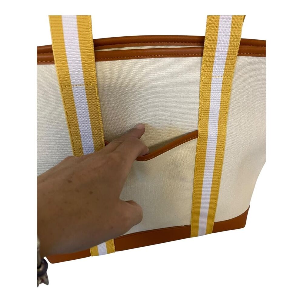 Tan and Yellow Striped Canvas Tote with Interior and Exterior Pockets - Picture 3 of 8